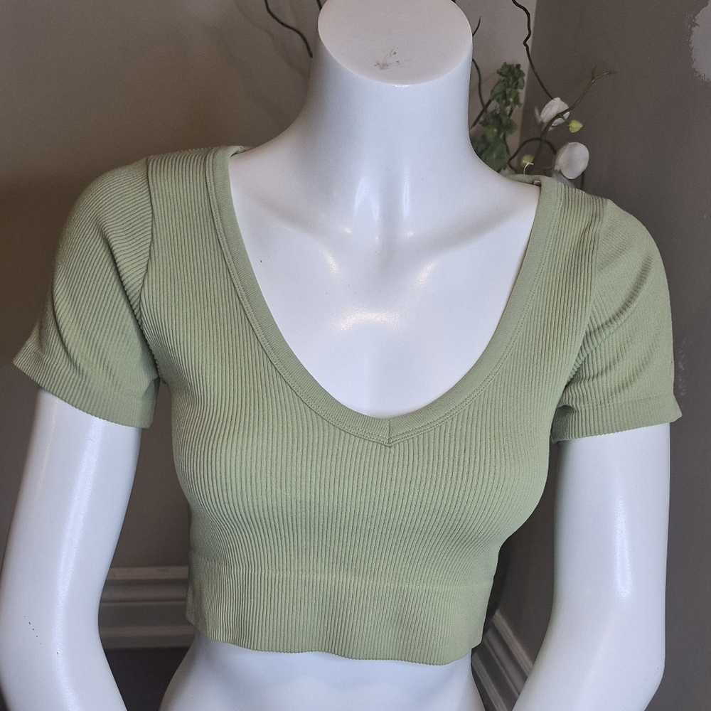 Ambiance Sage Ribbed V-Neck Crop Top